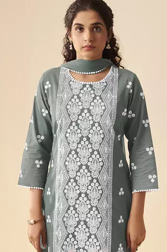 Grey embroidered schiffly cotton straight