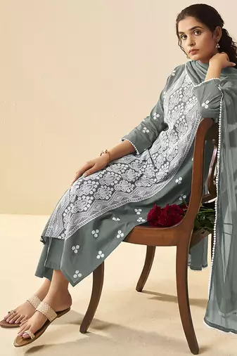 Grey embroidered schiffly cotton straight