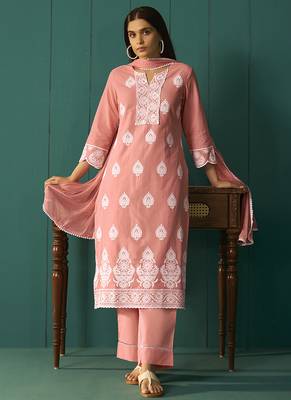 Peach embroidered schiffly  cotton straight 1
