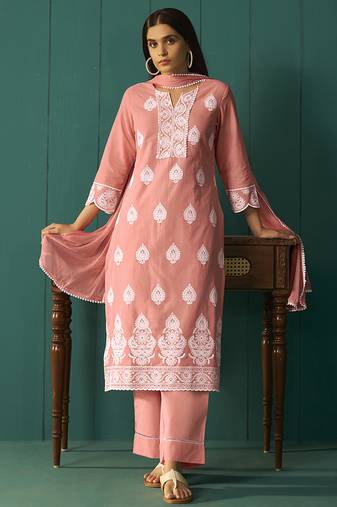 Peach embroidered schiffly  cotton straight
