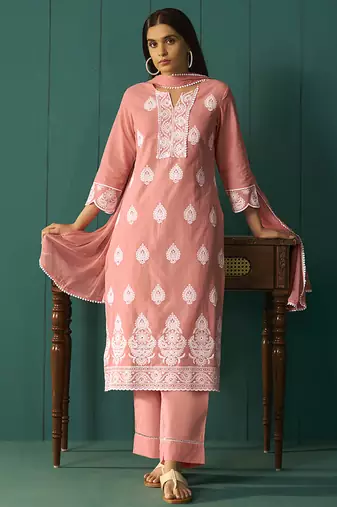 Peach embroidered schiffly  cotton straight