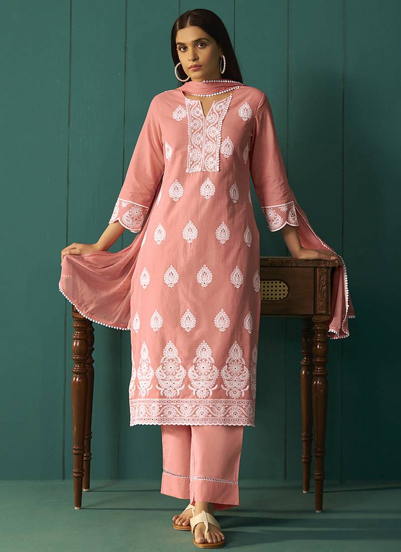 Peach embroidered schiffly  cotton straight