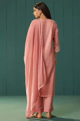 Peach embroidered schiffly  cotton straight