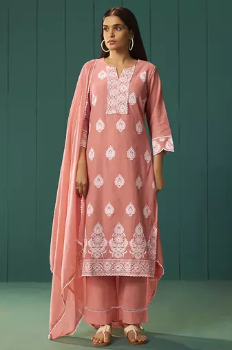 Peach embroidered schiffly  cotton straight