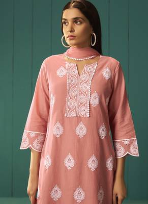 Peach embroidered schiffly  cotton straight 4