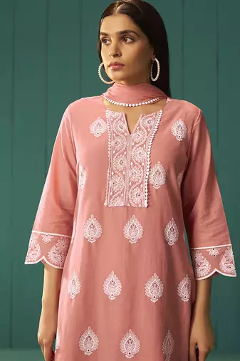 Peach embroidered schiffly  cotton straight