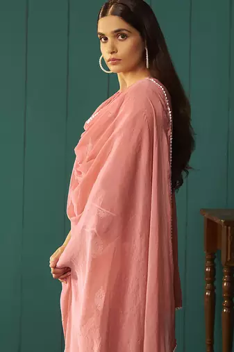 Peach embroidered schiffly  cotton straight