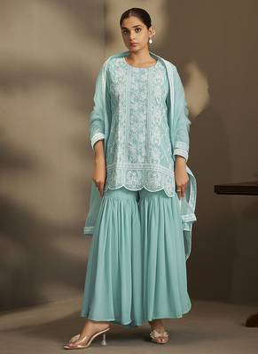 Sky blue embroidered georgette sharara 1