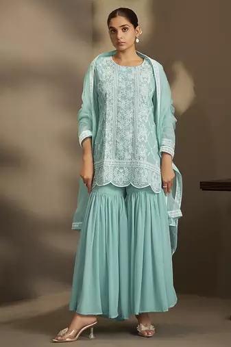 Sky blue embroidered georgette sharara