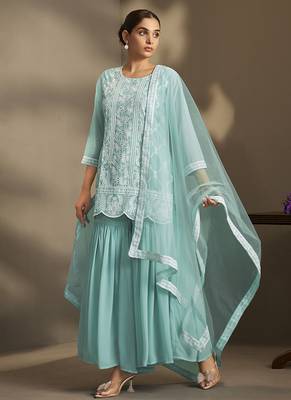 Sky blue embroidered georgette sharara 2