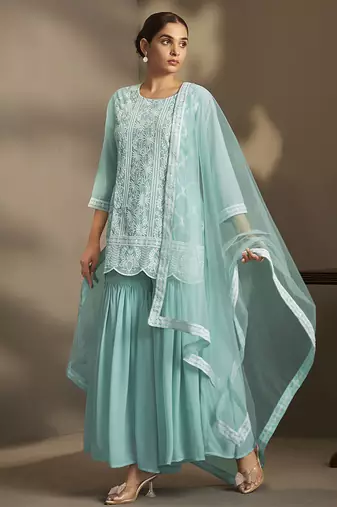 Sky blue embroidered georgette sharara