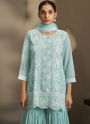Sky blue embroidered georgette sharara 3