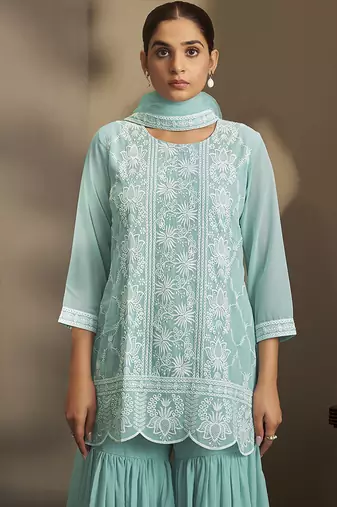 Sky blue embroidered georgette sharara