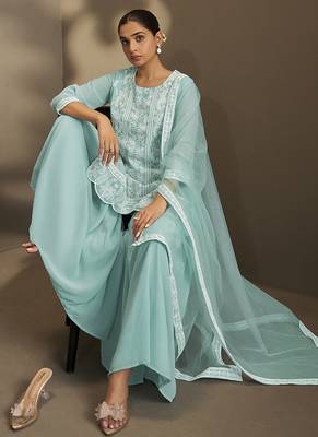 Sky blue embroidered georgette sharara 4