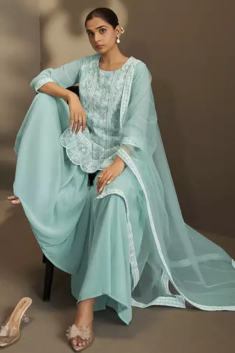 Sky blue embroidered georgette sharara