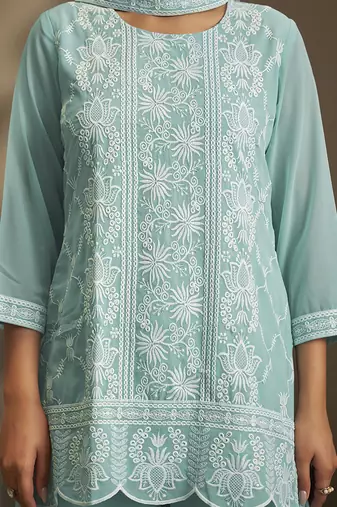 Sky blue embroidered georgette sharara