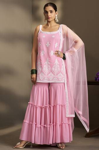 Light pink embroidered georgette sharara
