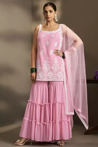 Light pink embroidered georgette sharara