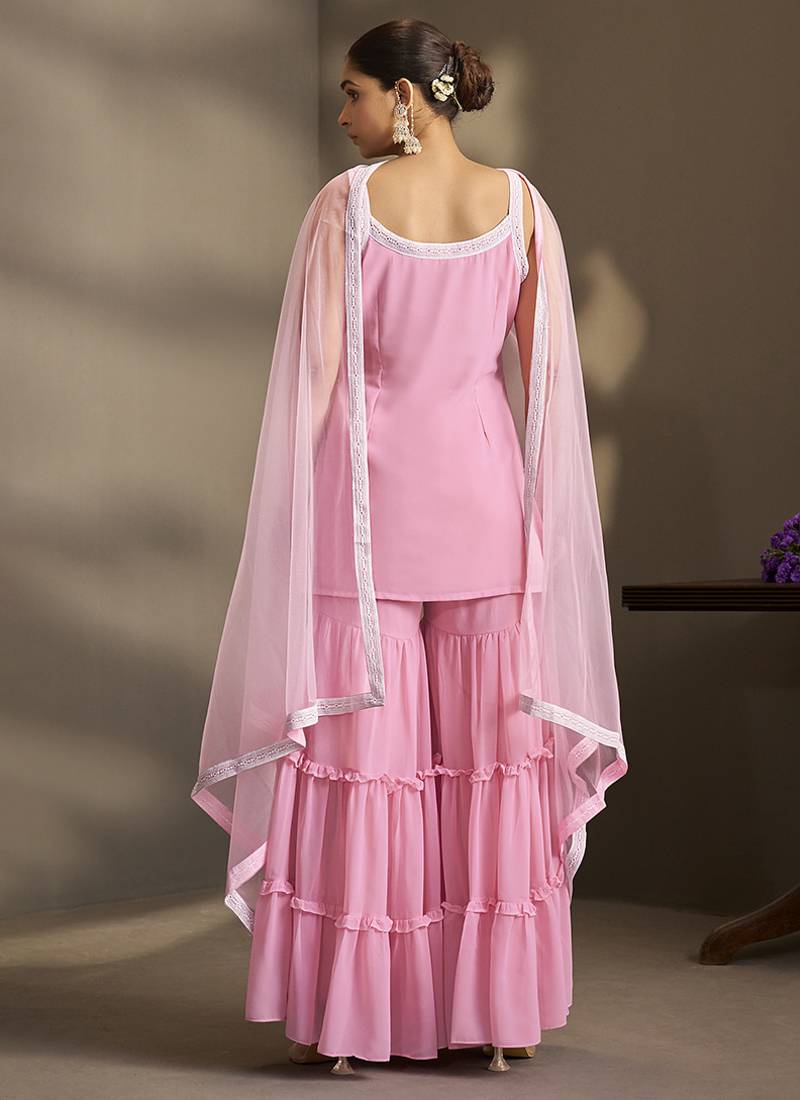 Light pink embroidered georgette sharara