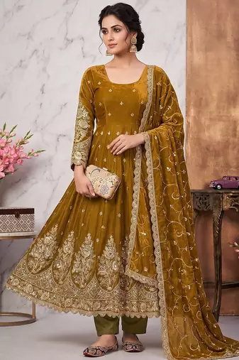 Gold colour embroidered georgette anarkali suit set with dupatta & pant
