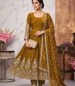 Gold colour embroidered georgette anarkali suit set with dupatta & pant