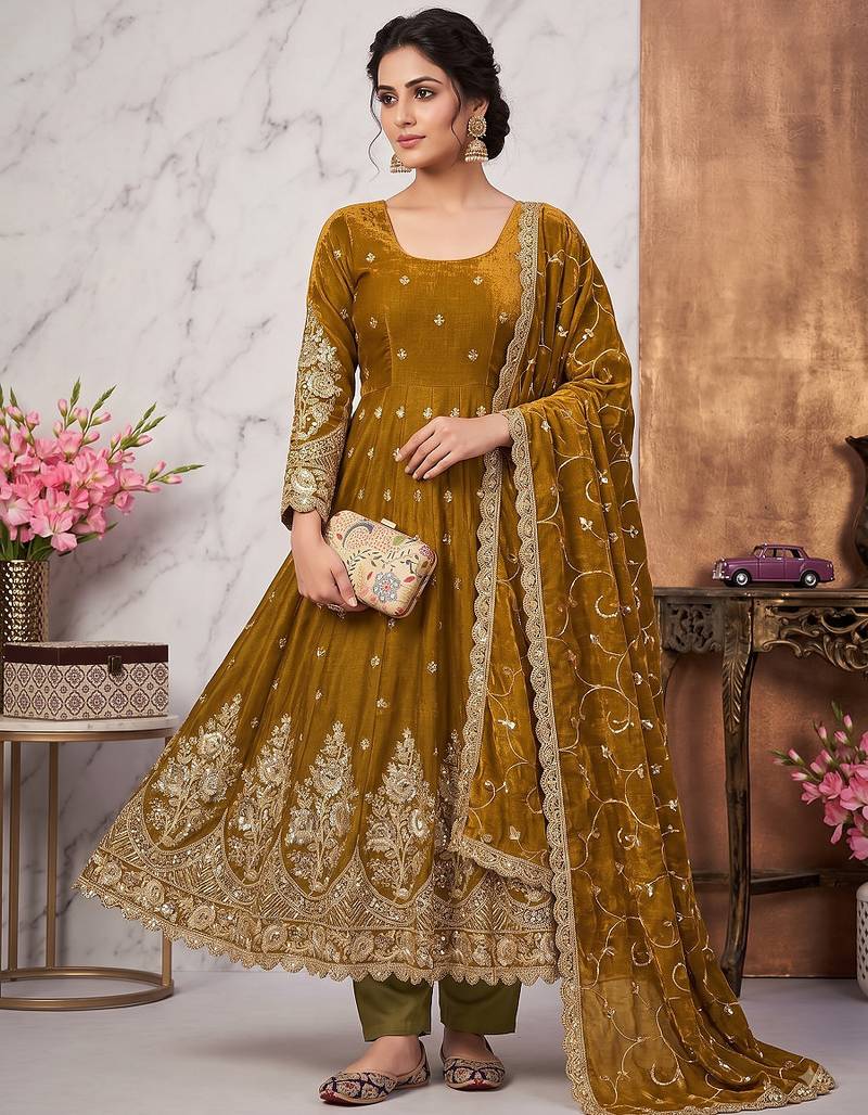 Gold colour embroidered georgette anarkali suit set with dupatta & pant