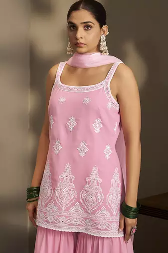 Light pink embroidered georgette sharara