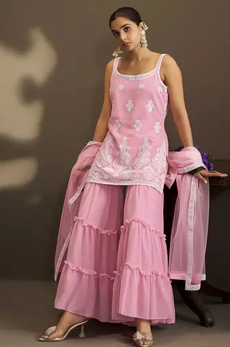 Light pink embroidered georgette sharara