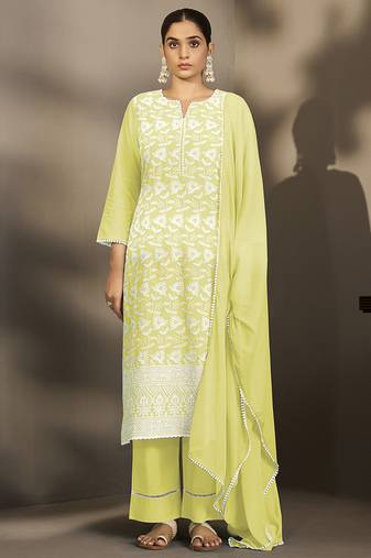 Pista-green embroidered schiffly cotton straight
