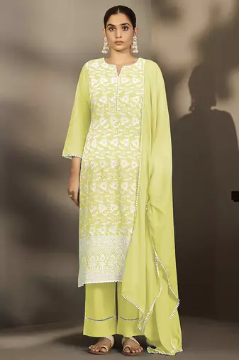 Pista-green embroidered schiffly pure cotton straight