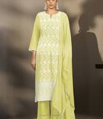 Pista-green embroidered schiffly pure cotton straight