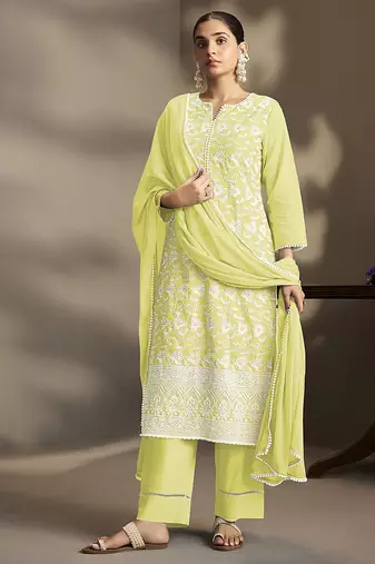 Pista-green embroidered schiffly pure cotton straight