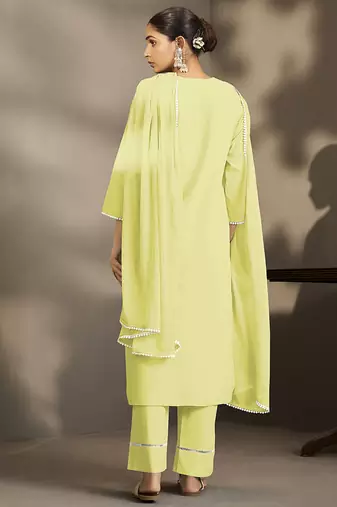 Pista-green embroidered schiffly pure cotton straight