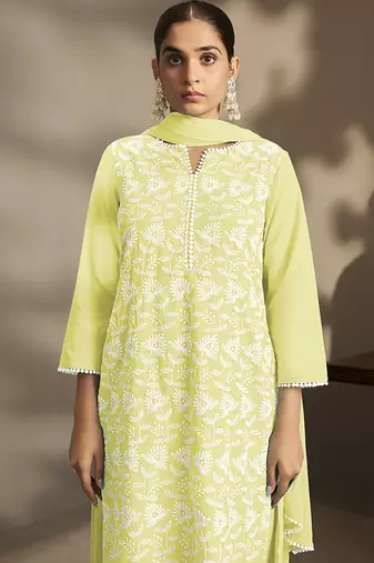Pista-green embroidered schiffly pure cotton straight