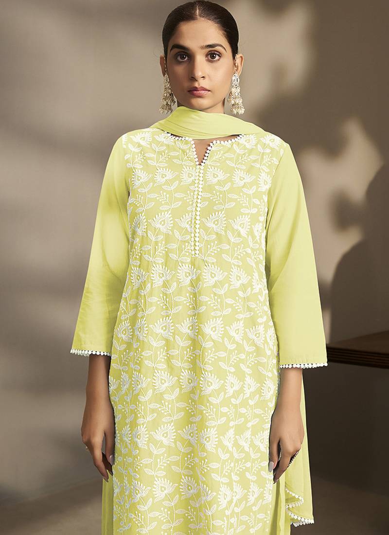 Pista-green embroidered schiffly pure cotton straight