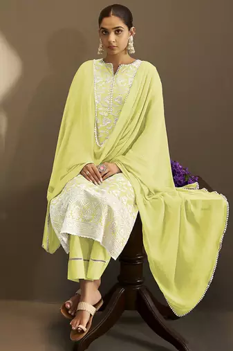 Pista-green embroidered schiffly pure cotton straight