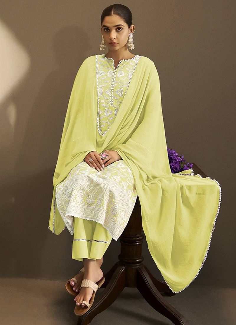Pista-green embroidered schiffly pure cotton straight