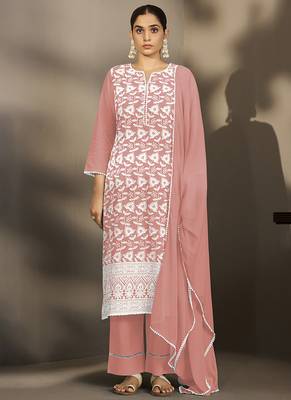 Peach embroidered schiffly pure cotton straight 1
