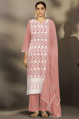 Peach embroidered schiffly pure cotton straight