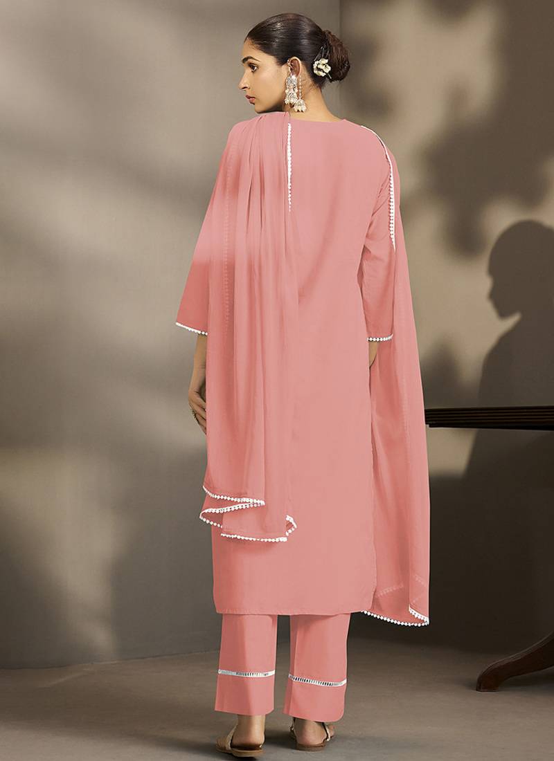 Peach embroidered schiffly pure cotton straight