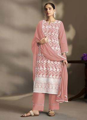Peach embroidered schiffly pure cotton straight 3