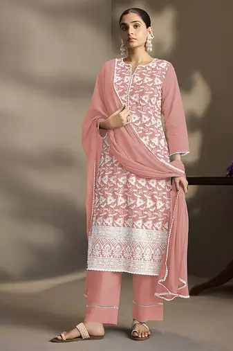 Peach embroidered schiffly pure cotton straight