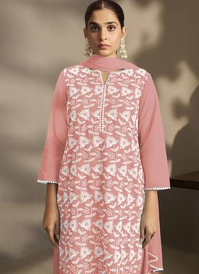 Peach embroidered schiffly pure cotton straight 4