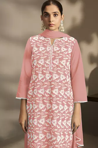 Peach embroidered schiffly pure cotton straight
