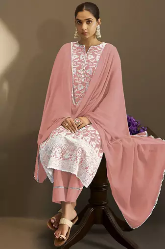 Peach embroidered schiffly pure cotton straight