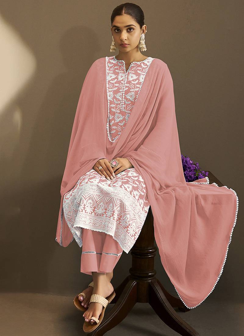 Peach embroidered schiffly pure cotton straight