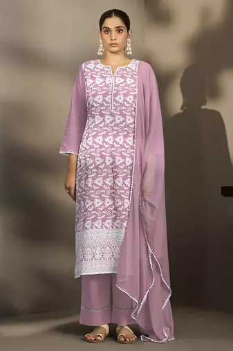 Light-purple embroidered schiffly pure cotton straight