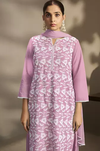 Light-purple embroidered schiffly pure cotton straight