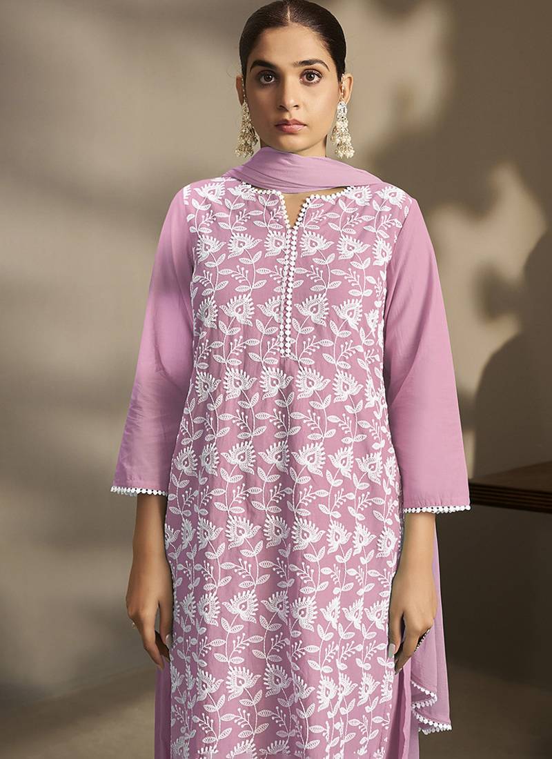 Light-purple embroidered schiffly pure cotton straight