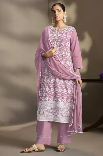 Light-purple embroidered schiffly pure cotton straight